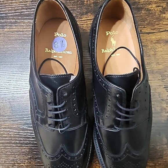 Polo Ralph Lauren Brenton Men’s 8.5 Black Leather Wingtip Oxfords New Condition main image 6